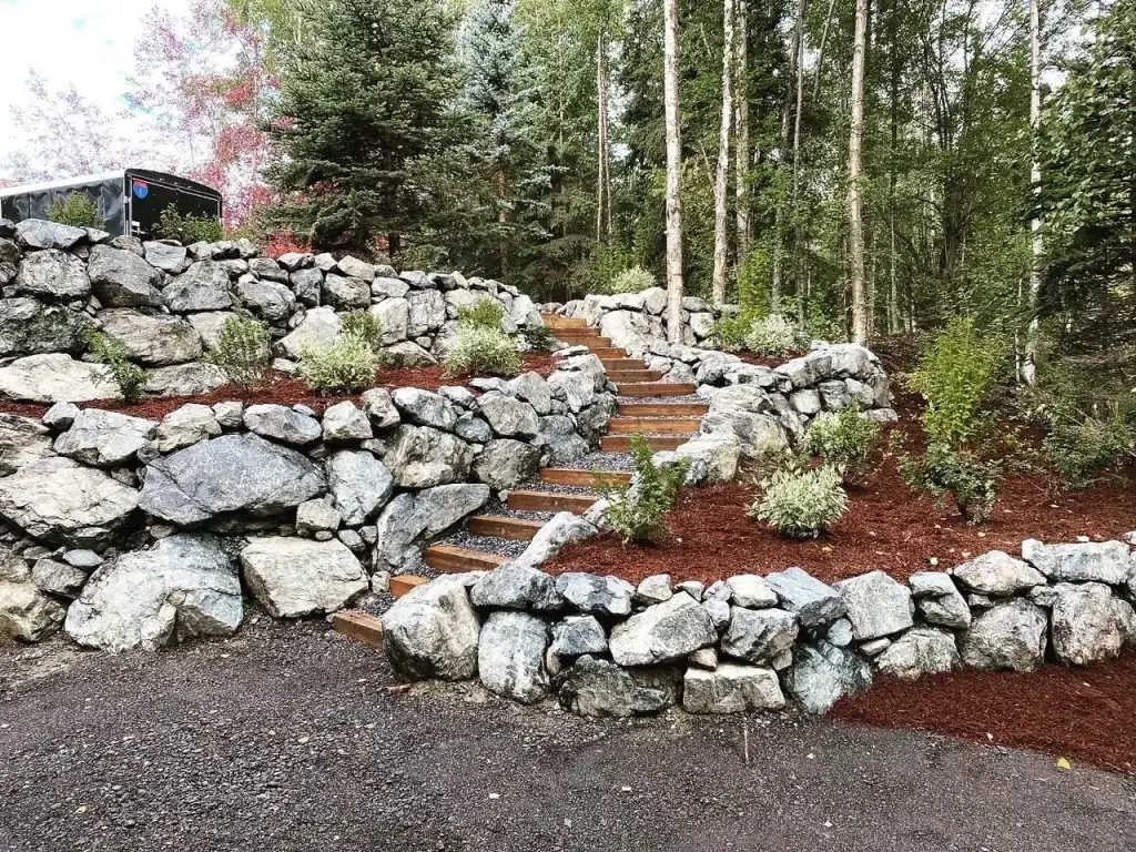 Stacked boulder retaining walls with timber steps climbing through birch woods